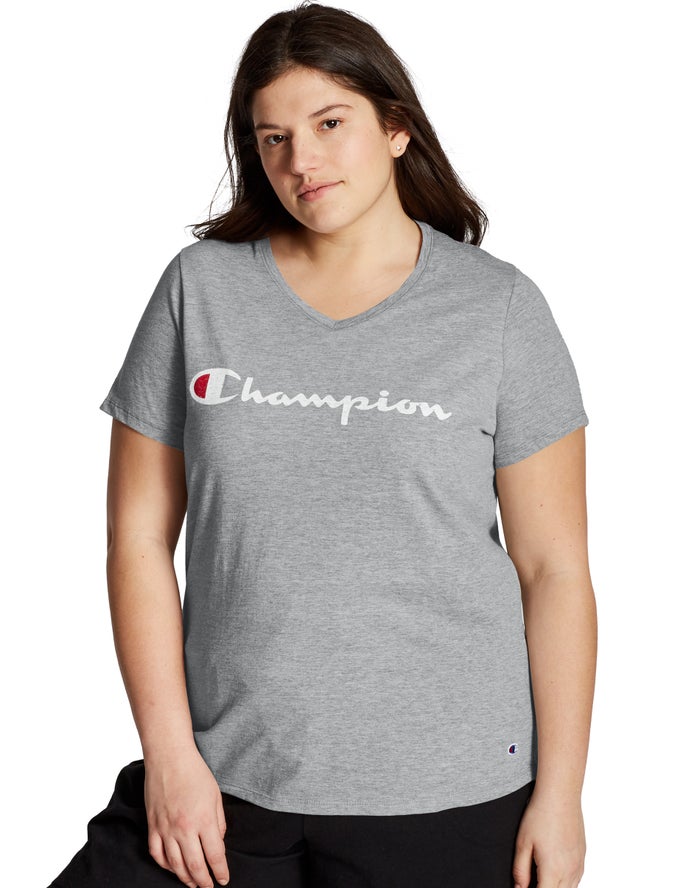 Champion Dame T-Shirts Grå - Plus Jersey V-Neck Script Logo - Danmark SRU-085926